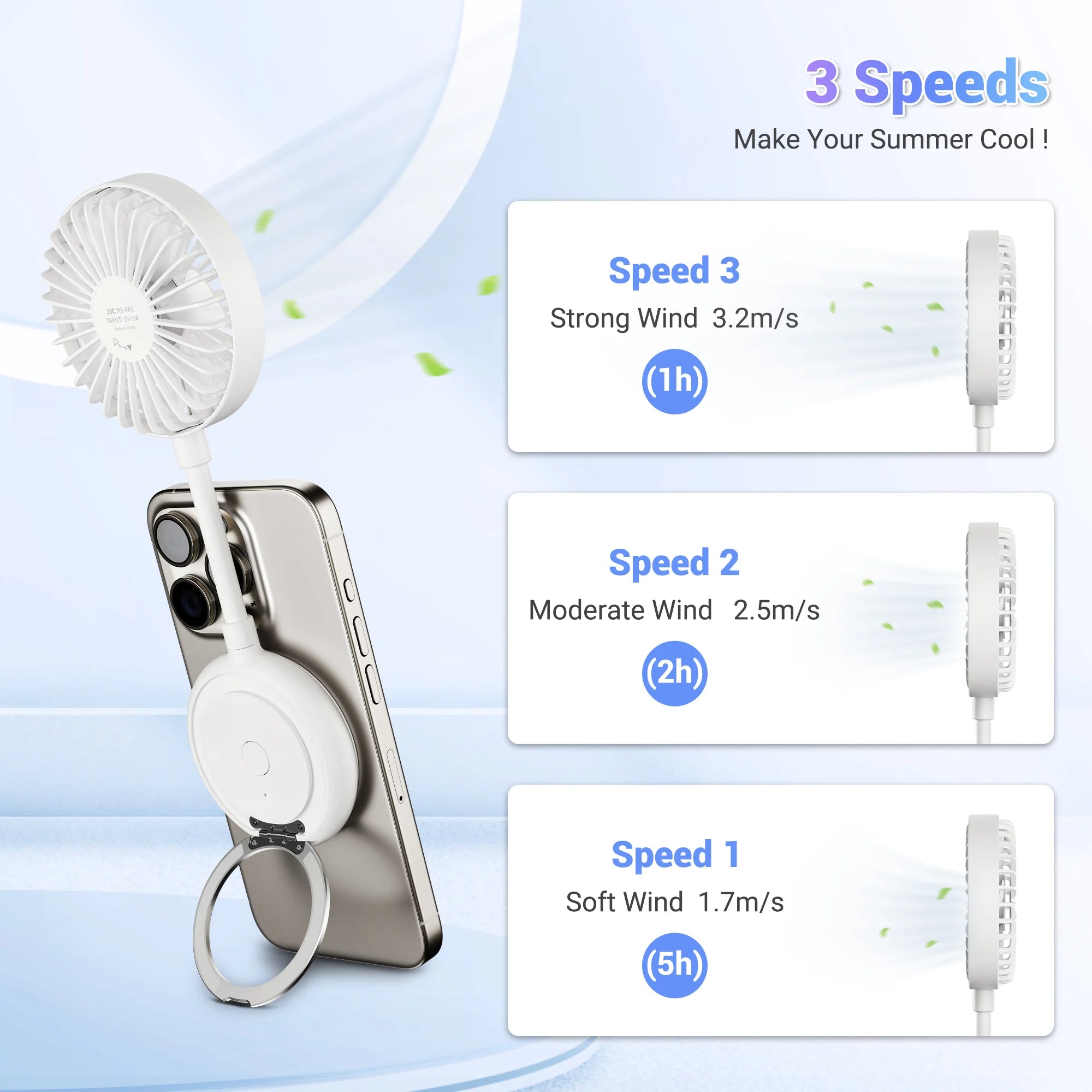 Magnetic Phone Fan One Hand Fan with Phone Grip Ring 3 Speeds Mini Fan for Iphone 16 15 14 13 Pro Max Summer Handheld Fan